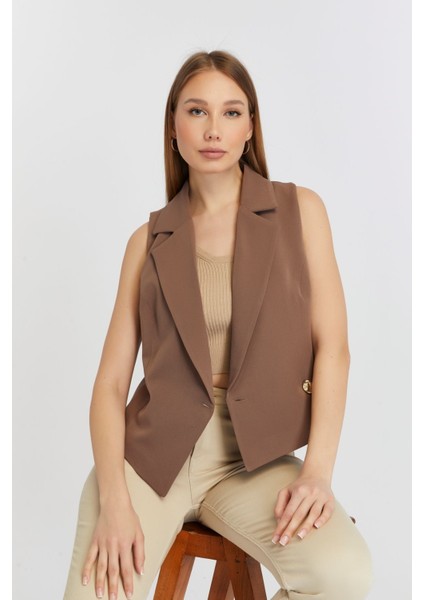Açık Kahverengi Regular Fit Astarlı Dokuma Yelek