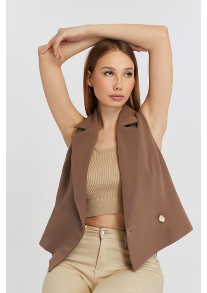 Açık Kahverengi Regular Fit Astarlı Dokuma Yelek