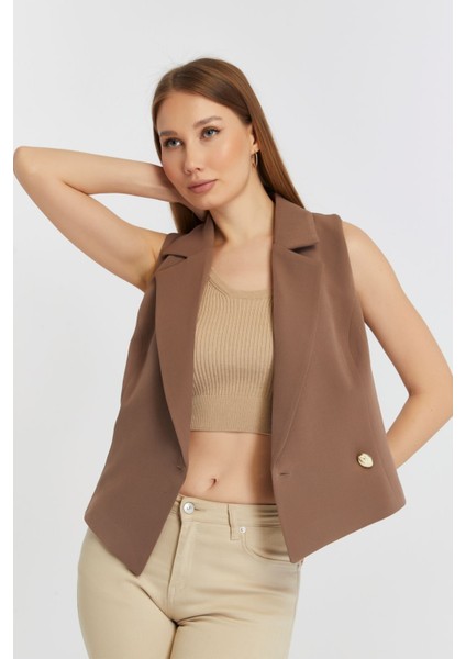 Açık Kahverengi Regular Fit Astarlı Dokuma Yelek