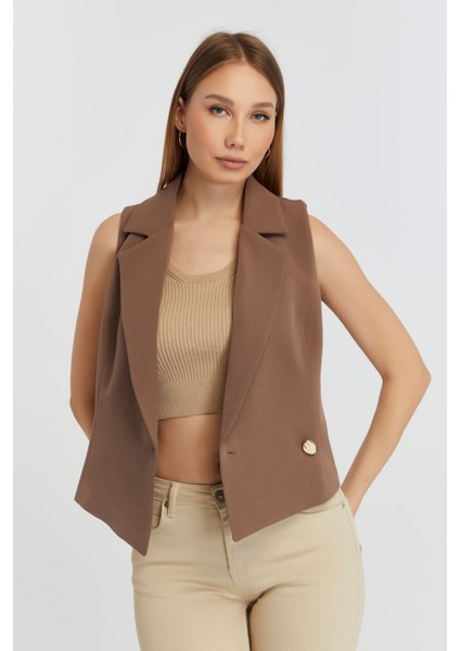 Açık Kahverengi Regular Fit Astarlı Dokuma Yelek