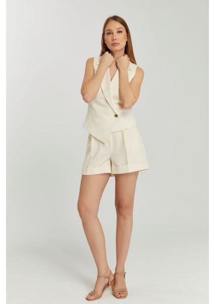 Ekru Regular Fit Astarlı Dokuma Yelek