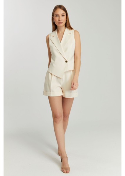 Ekru Regular Fit Astarlı Dokuma Yelek