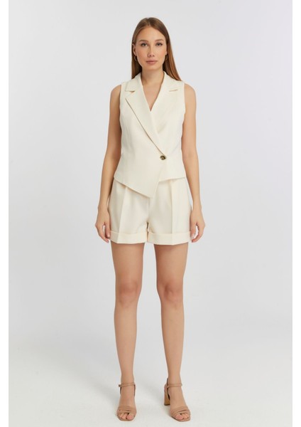 Ekru Regular Fit Astarlı Dokuma Yelek