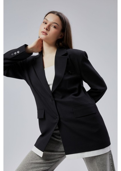Siyah Oversize Uzun Blazer Ceket