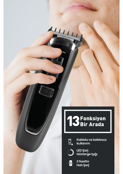Çok Fonksiyonlu Erkek Bakım Seti, Hızlı Şarj, Kablolu ve Kablosuz, Paslanmaz Çelik, Siyah modelleri