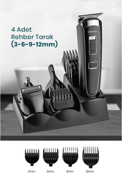 Çok Fonksiyonlu Erkek Bakım Seti, Hızlı Şarj, Kablolu ve Kablosuz, Paslanmaz Çelik, Siyah