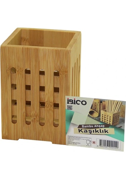 Büyük - Pencereli KARE=10X10CM Ahşap Bambu Kaşıklık Organizer (5047)