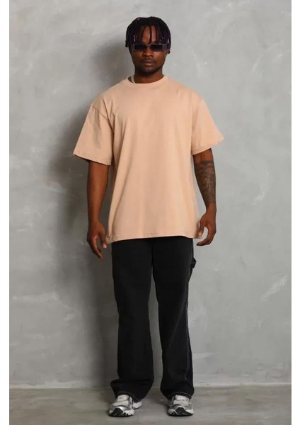 Unisex Oversize Düz Bisiklet Yaka T-Shirt - Bej modelleri