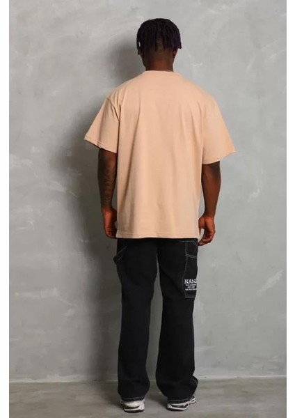 Unisex Oversize Düz Bisiklet Yaka T-Shirt - Bej fırsatları