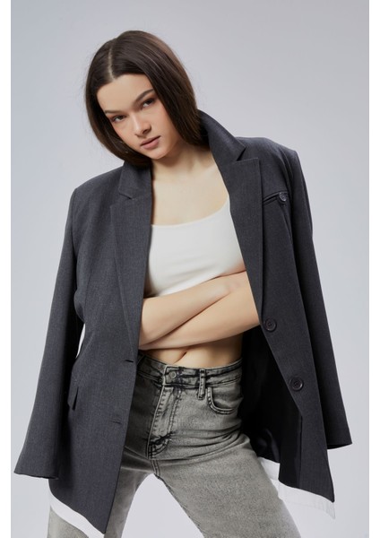 Antrasit Oversize Uzun Blazer Ceket