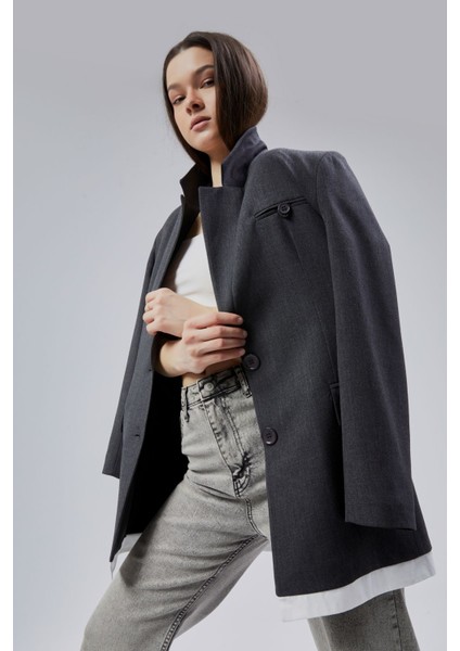Antrasit Oversize Uzun Blazer Ceket