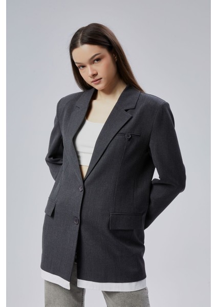 Antrasit Oversize Uzun Blazer Ceket