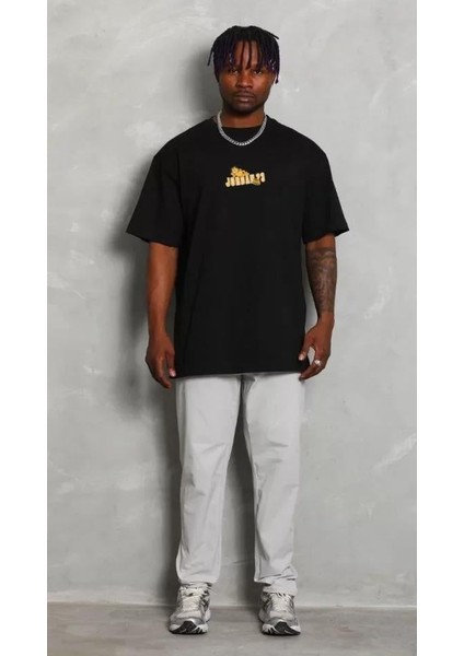 Unisex Bisiklet Yaka Baskılı Oversize T-Shirt - Siyah fiyatları