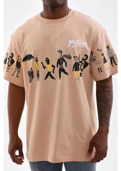 Unisex Bisiklet Yaka Baskılı Oversize T-Shirt - Bej fırsatları