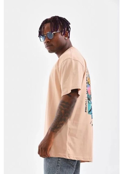 Unisex Bisiklet Yaka Baskılı Oversize T-Shirt - Bej indirimleri
