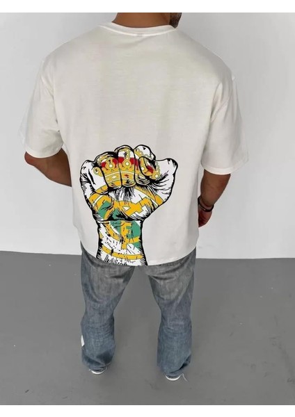 Unisex Bisiklet Yaka Baskılı Oversize T-Shirt - Beyaz modelleri