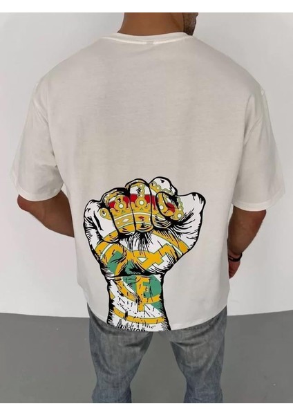 Unisex Bisiklet Yaka Baskılı Oversize T-Shirt - Beyaz indirimleri