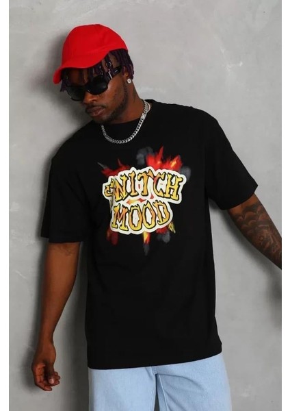 Unisex Oversize Baskılı Bisiklet Yaka T-Shirt - Siyah modelleri