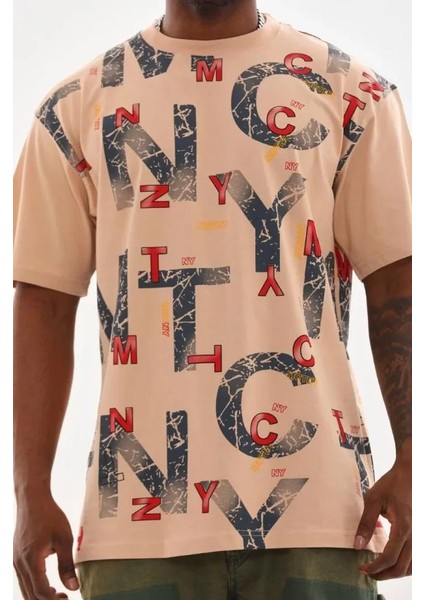 Unisex Baskılı Oversize T-Shirt - Bej fiyatları