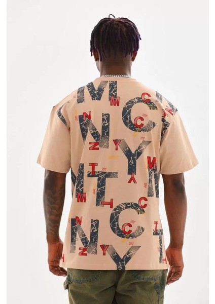 Unisex Baskılı Oversize T-Shirt - Bej modelleri