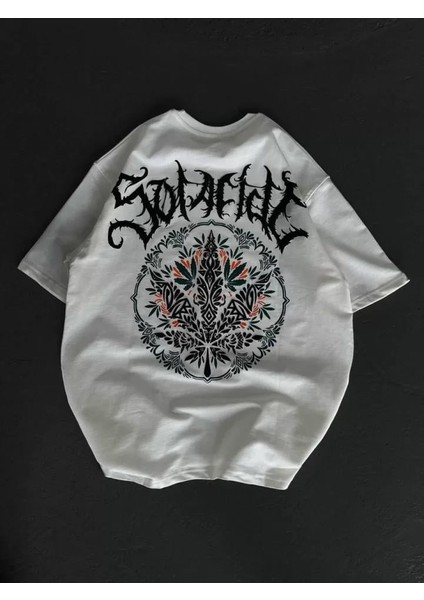 Unisex Bisiklet Yaka Baskılı Oversize T-Shirt - Siyah