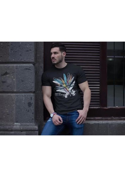 Unisex Bisiklet Yaka Baskılı Oversize T-Shirt - Siyah fiyatları