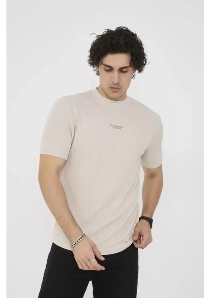 Unisex Bisiklet Yaka Slim Fit T-Shirt- Bej modelleri