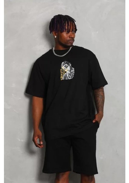 Unisex Oversize Baskılı Bisiklet Yaka T-Shirt - Siyah fiyatları