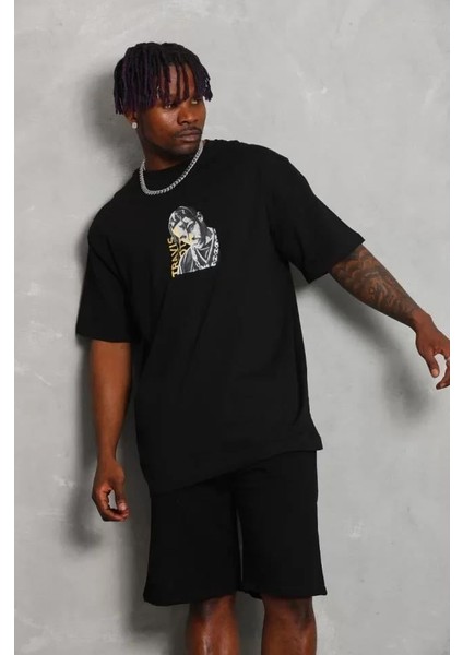 Unisex Oversize Baskılı Bisiklet Yaka T-Shirt - Siyah fırsatları