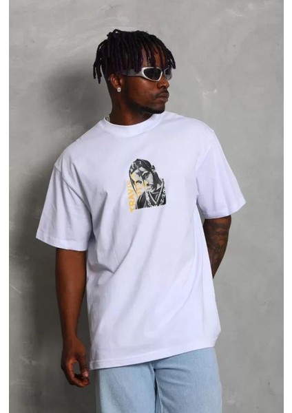 Unisex Oversize Baskılı Bisiklet Yaka T-Shirt - Beyaz indirimleri