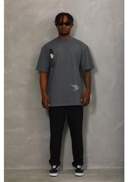 Unisex Oversize Baskılı Bisiklet Yaka T-Shirt - Bej