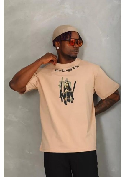Unisex Oversize Baskılı Bisiklet Yaka T-Shirt - Bej indirimleri
