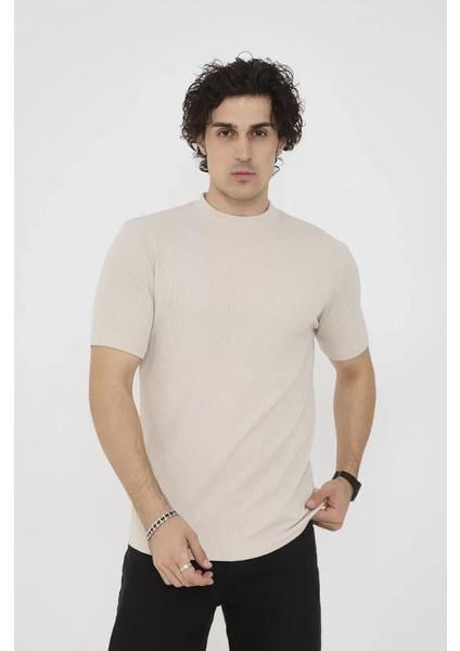 Unisex Bisiklet Yaka Slim Fit T-Shirt- Bej fiyatları