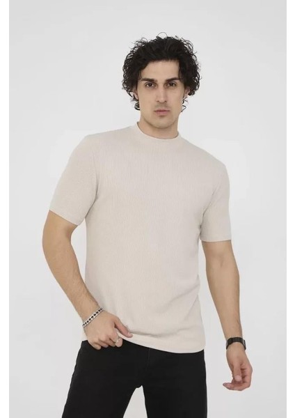 Unisex Bisiklet Yaka Slim Fit T-Shirt- Bej modelleri