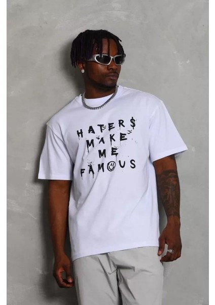 Unisex Oversize Baskılı Bisiklet Yaka T-Shirt - Beyaz modelleri