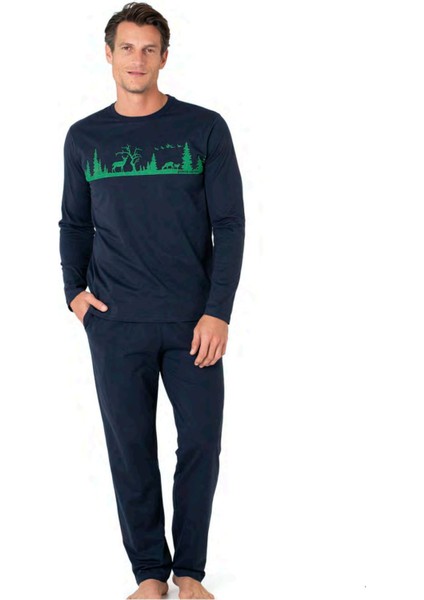6104 Erkek Lacivert Uzun Kollu Bisiklet Yaka Pijama Takımı