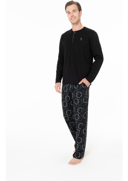 18971 Erkek Sıyah Yuvarlak Yaka Patlı Uzun Kollu Pijama Takımı