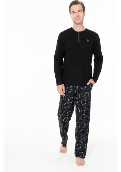 18971 Erkek Sıyah Yuvarlak Yaka Patlı Uzun Kollu Pijama Takımı modelleri