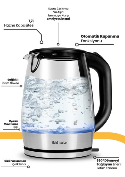 1.7 Lt Işıklı Cam Kettle, Şık ve Pratik Su Isıtıcı