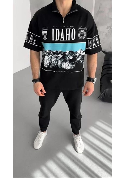 Unisex Baskılı Yarım Fermuarlı T-Shirt - Siyah fiyatları