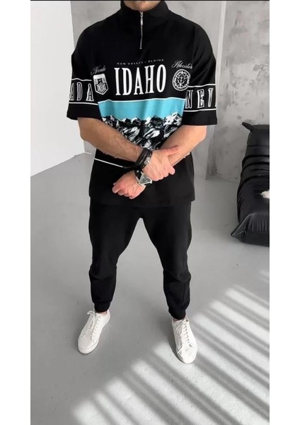 Unisex Baskılı Yarım Fermuarlı T-Shirt - Siyah modelleri