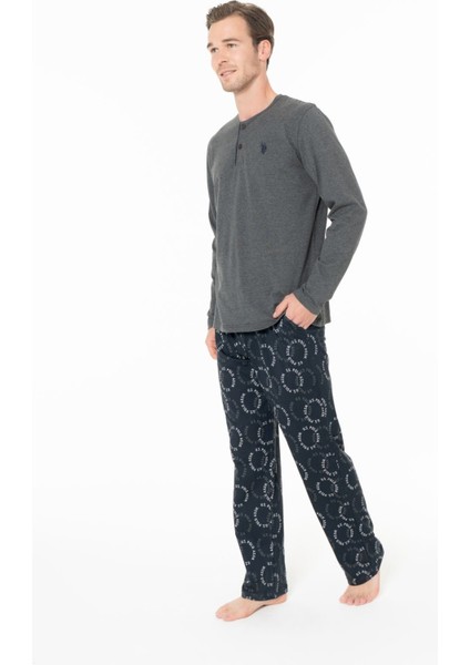 18971 Erkek Antrasıt Melanj Yuvarlak Yaka Patlı Uzun Kollu Pijama Takımı modelleri