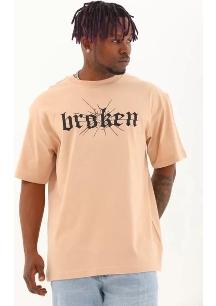 Unisex Oversize Baskılı Bisiklet Yaka T-Shirt - Bej fırsatları
