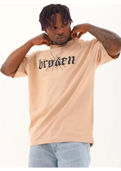 Unisex Oversize Baskılı Bisiklet Yaka T-Shirt - Bej indirimleri