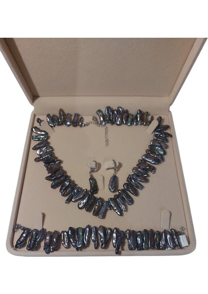 Doğal Siyah Barok Inci Kolye Bileklik Küpe Set