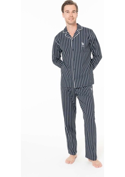 18993 Erkek Lacıvert Önden Düğme Detaylı Uzun Kollu Pijama Takımı