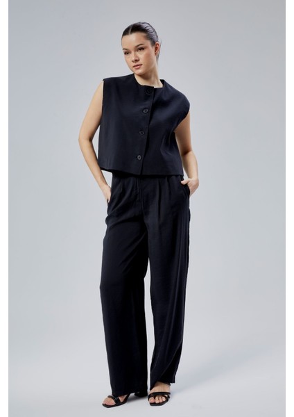 Kadın Siyah Rahat Kesim Dokuma Pantolon