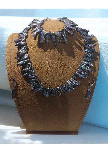 Doğal Siyah Barok Inci Kolye Bileklik Küpe Set modelleri