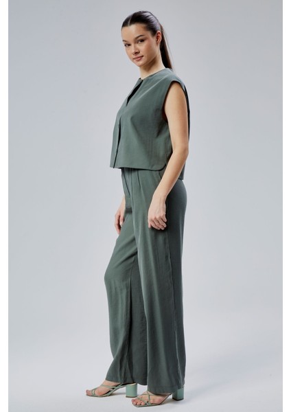 Kadın Yeşil Rahat Kesim Dokuma Pantolon