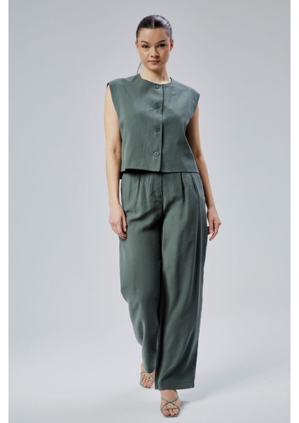 Kadın Yeşil Rahat Kesim Dokuma Pantolon